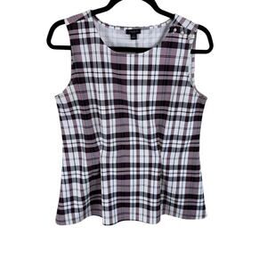 Ann Taylor Red White Plaid Sleeveless Peplum Blouse Size M